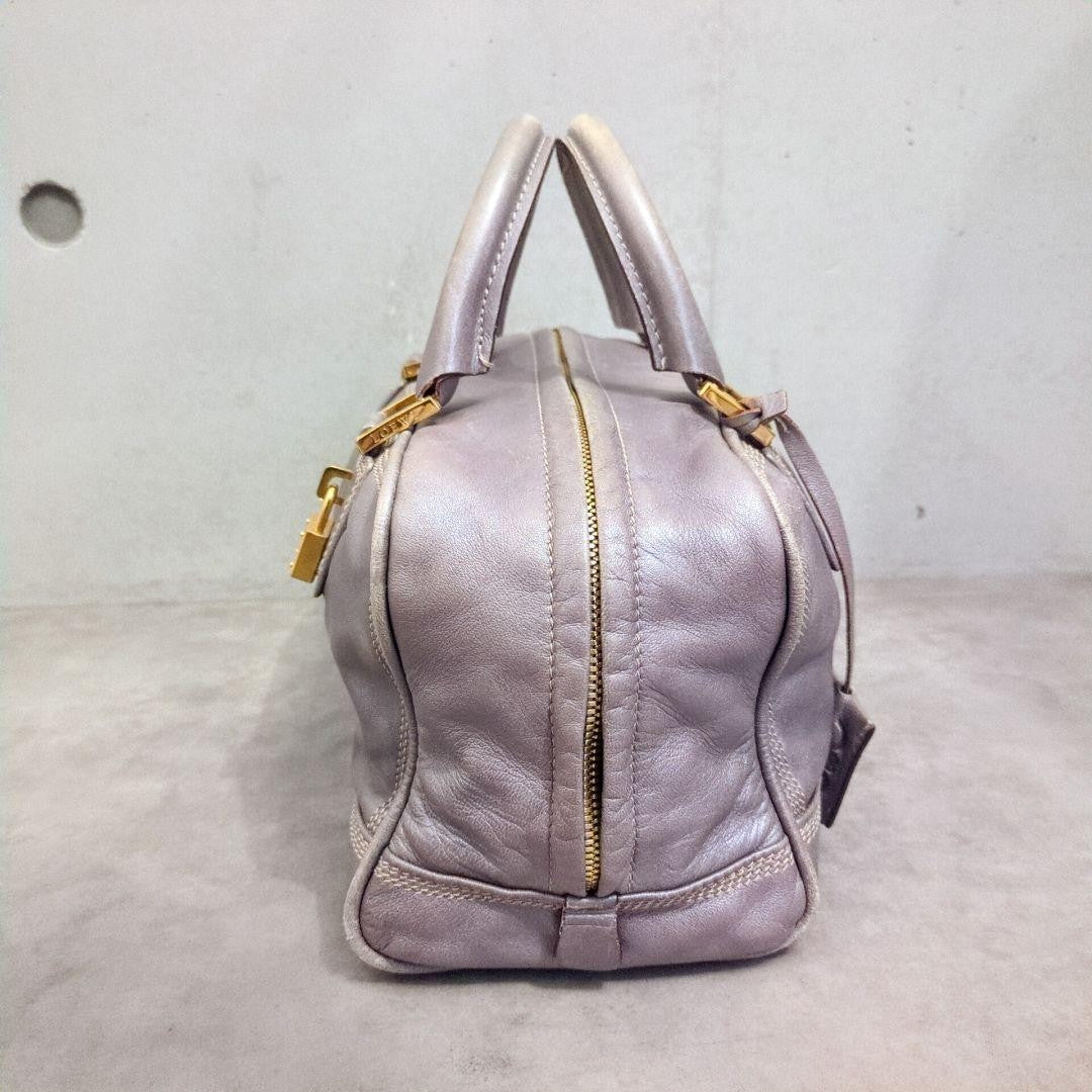 LOEWE Hand Bag Tote Purse Mini Boston Bag Anagram Leather Silver Gray Authentic