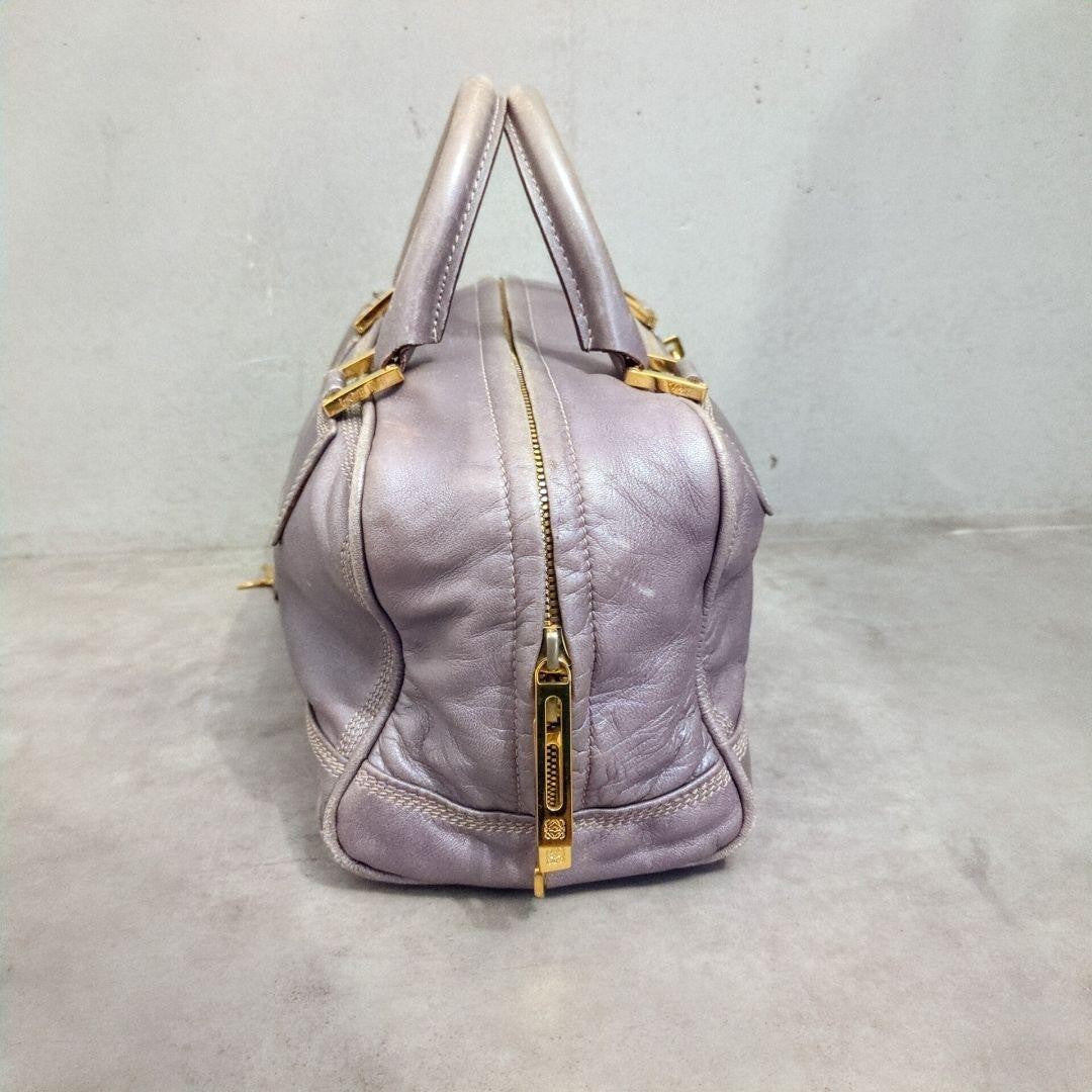 LOEWE Hand Bag Tote Purse Mini Boston Bag Anagram Leather Silver Gray Authentic