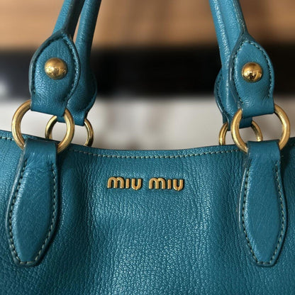 MIU MIU Hand Bag Tote Purse Logo Leather Turquoise Authentic