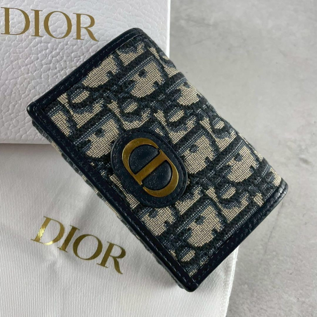 Christian Dior Tri-fold Wallet Compact Purse Trotter CD Leather Navy Authentic