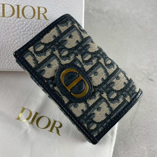Christian Dior Tri-fold Wallet Compact Purse Trotter CD Leather Navy Authentic