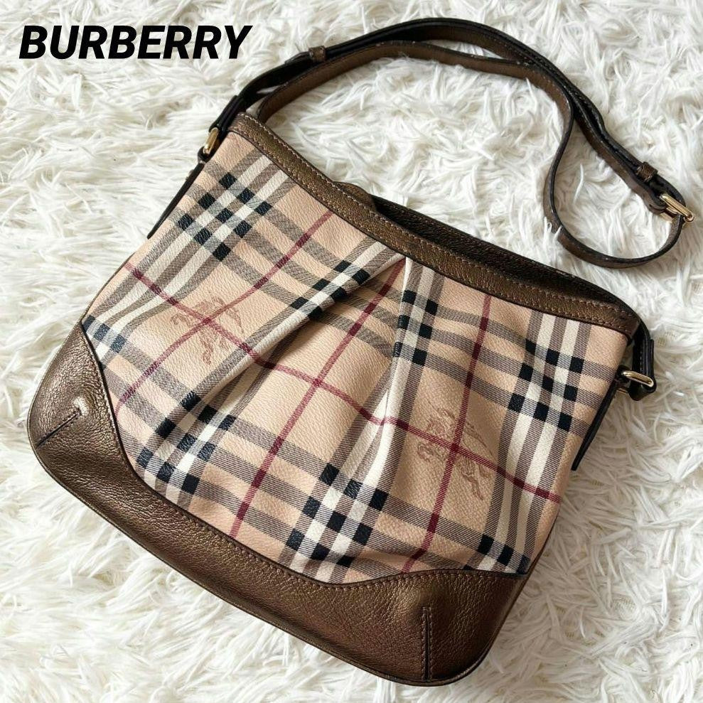 BURBERRY Shoulder Bag Purse Nova Check PVC Leather Beige Authentic