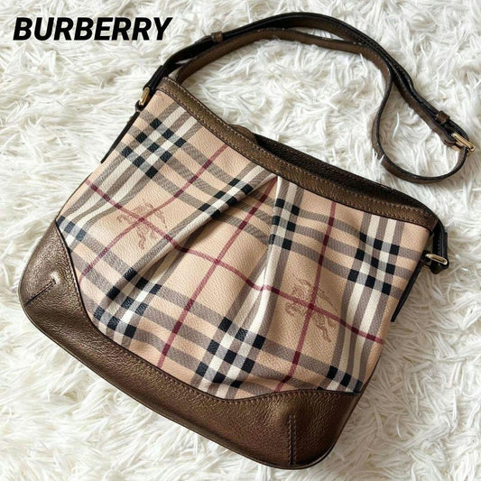 BURBERRY Shoulder Bag Purse Nova Check PVC Leather Beige Authentic