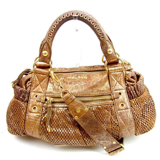 MIU MIU Boston Bag Hand Bag Tote Purse Logo Mesh Gold Authentic