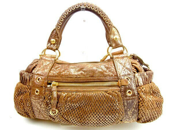 MIU MIU Boston Bag Hand Bag Tote Purse Logo Mesh Gold Authentic
