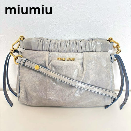 MIU MIU Shoulder Bag Purse Clutch Bag Logo Leather Blue Authentic