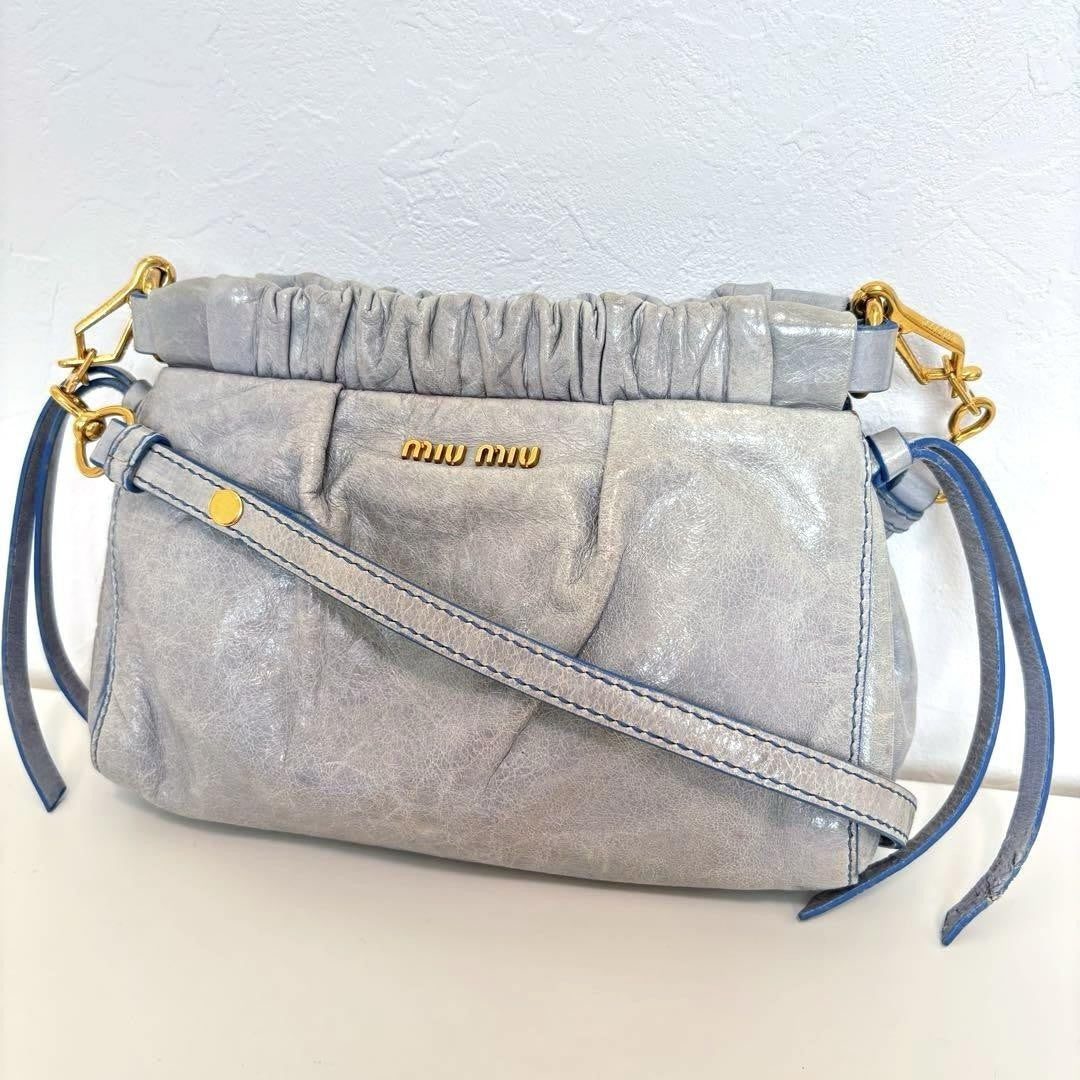 MIU MIU Shoulder Bag Purse Clutch Bag Logo Leather Blue Authentic