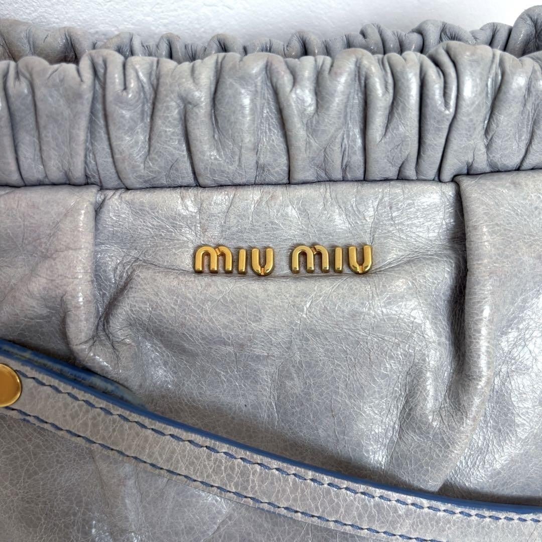 MIU MIU Shoulder Bag Purse Clutch Bag Logo Leather Blue Authentic