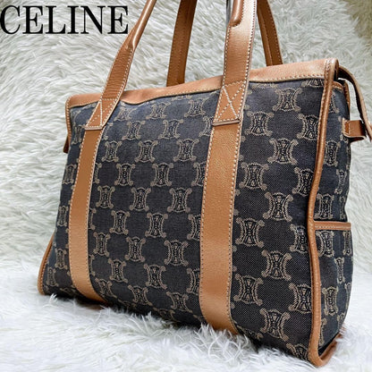 CELINE Hand Bag Tote Purse Macadam Canvas Leather Indigo Pink Gold Authentic