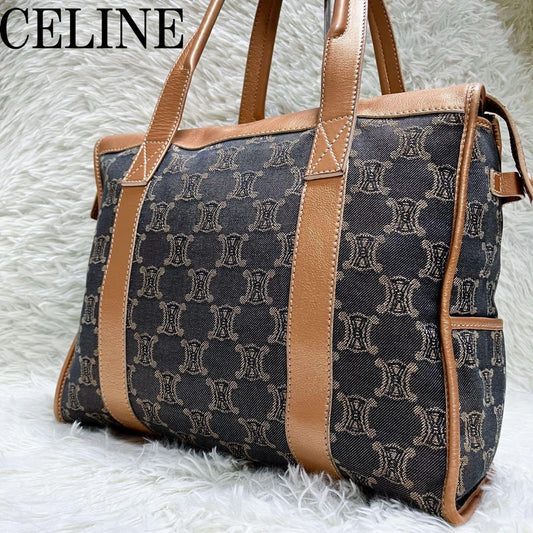 CELINE Hand Bag Tote Purse Macadam Canvas Leather Indigo Pink Gold Authentic