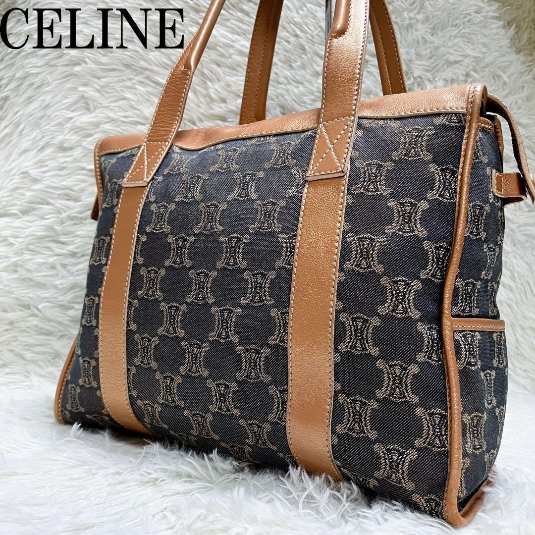 CELINE Hand Bag Tote Purse Macadam Canvas Leather Indigo Pink Gold Authentic