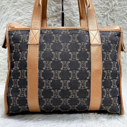 CELINE Hand Bag Tote Purse Macadam Canvas Leather Indigo Pink Gold Authentic