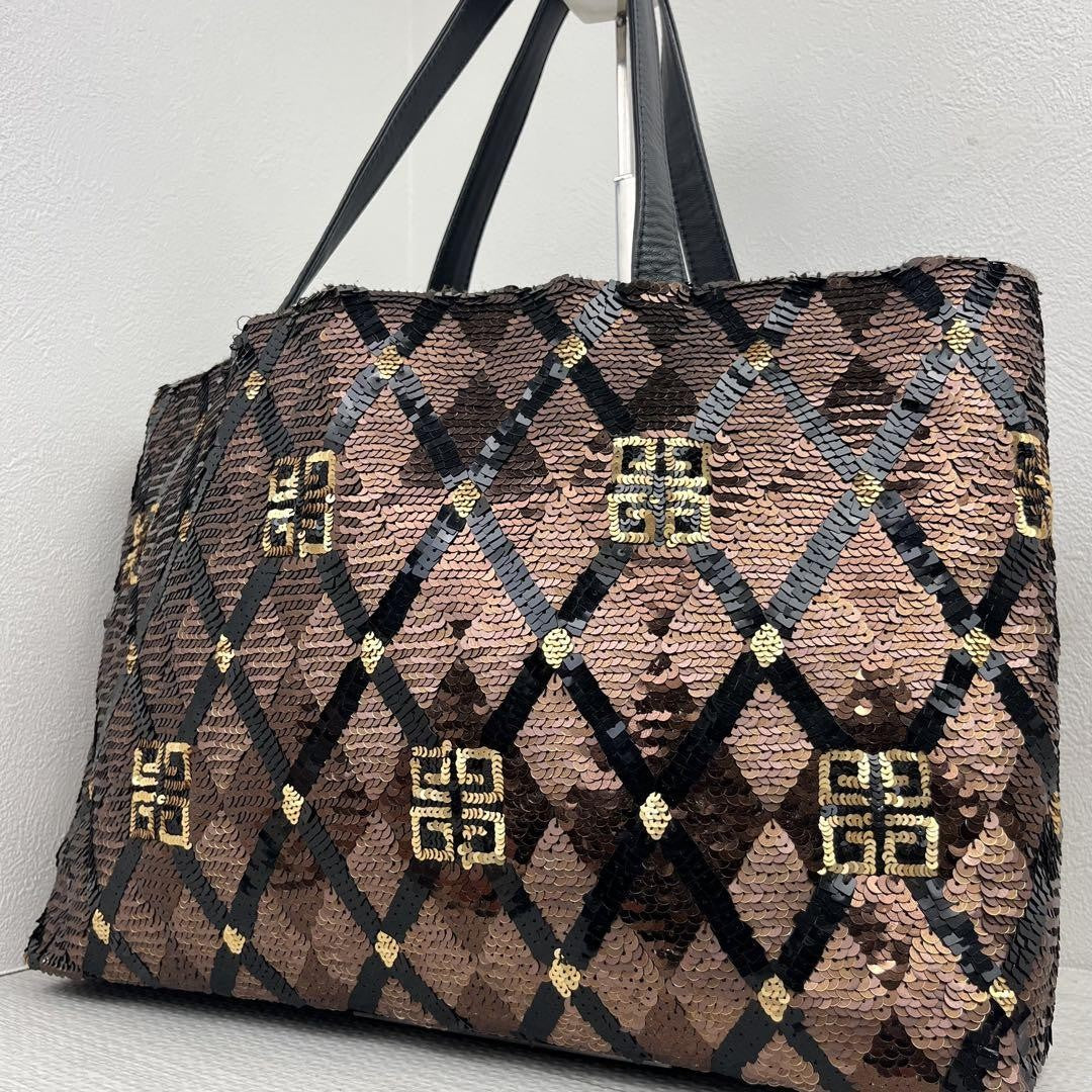 GIVENCHY Hand Bag Tote Purse 4G Sequin Leather Brown Authentic