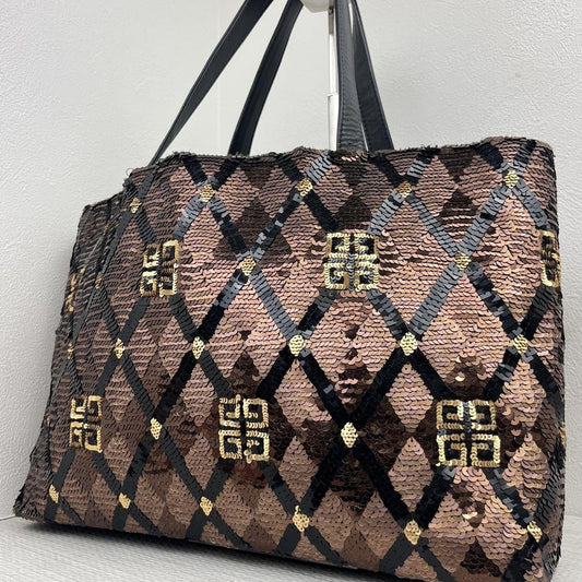 GIVENCHY Hand Bag Tote Purse 4G Sequin Leather Brown Authentic