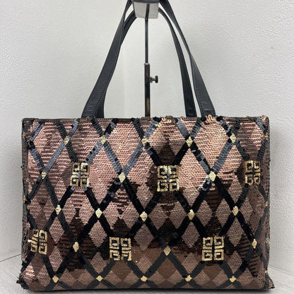 GIVENCHY Hand Bag Tote Purse 4G Sequin Leather Brown Authentic