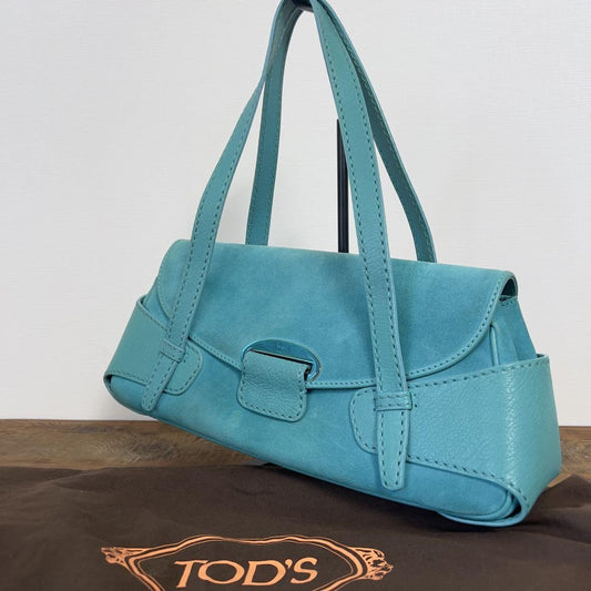 TOD'S Hand Bag Tote Purse Suede Leather Turquoise Authentic