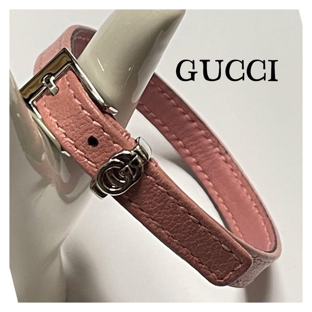 GUCCI Bracelet Bangle Leather Pink Silver Women Accessory Authentic