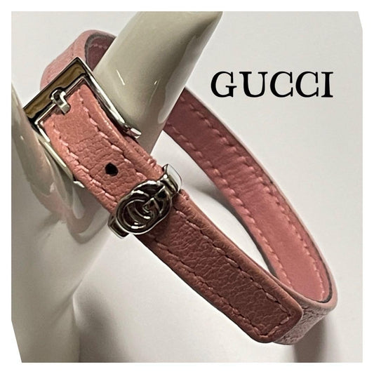 GUCCI Bracelet Bangle Leather Pink Silver Women Accessory Authentic