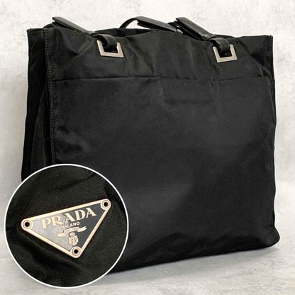 PRADA Tote Shoulder Bag Hand Purse Logo Nylon Black Silver Used Unisex Authentic