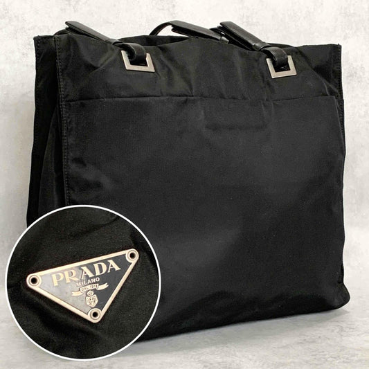 PRADA Tote Shoulder Bag Hand Purse Logo Nylon Black Silver Used Unisex Authentic