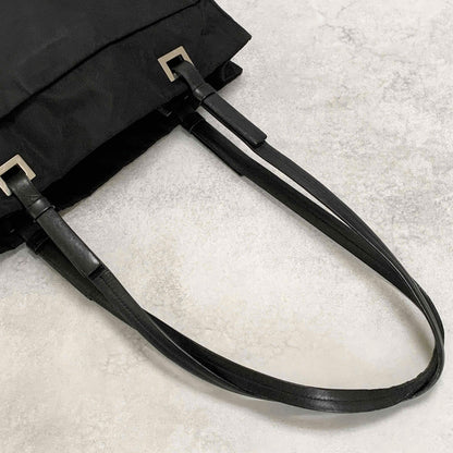 PRADA Tote Shoulder Bag Hand Purse Logo Nylon Black Silver Used Unisex Authentic