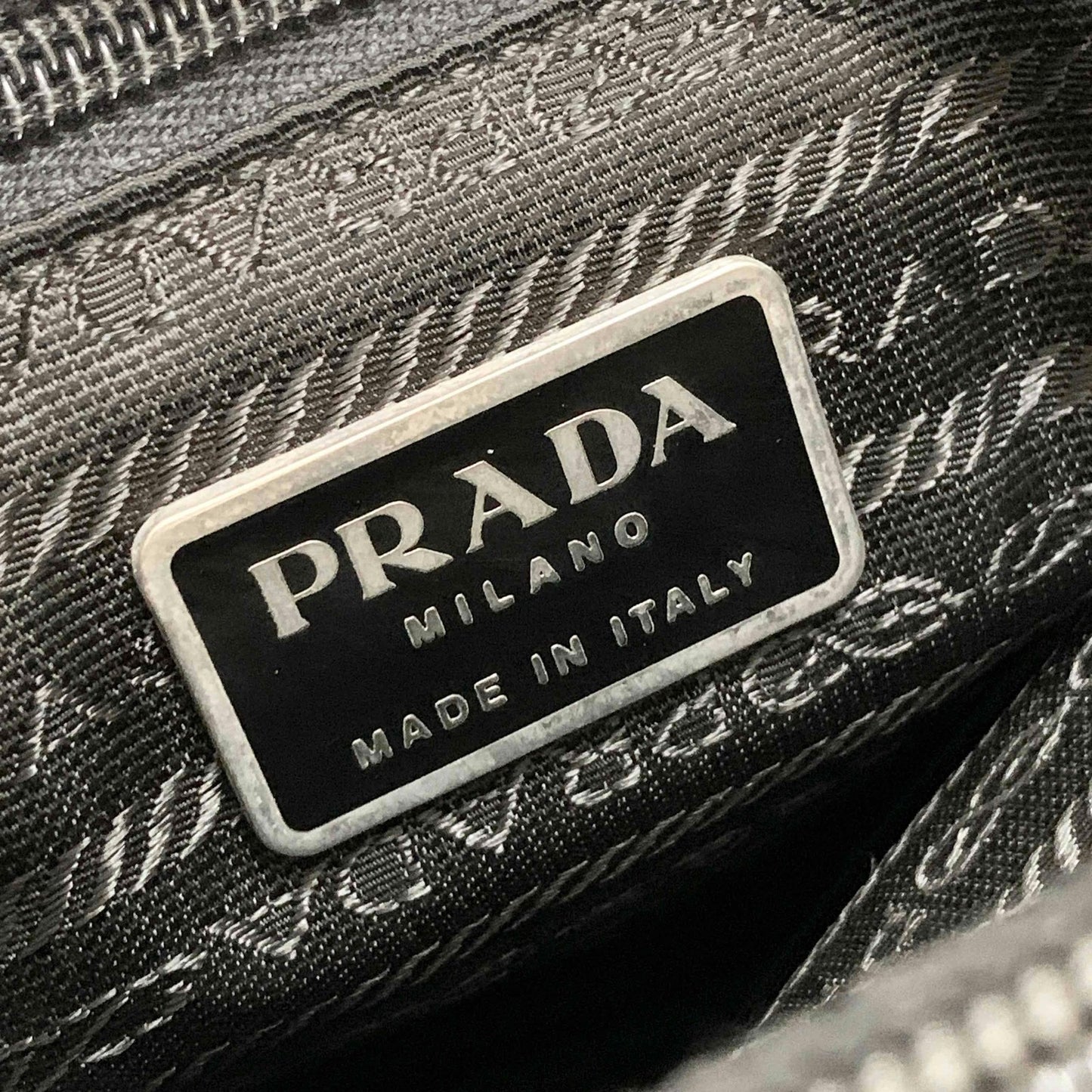 PRADA Tote Shoulder Bag Hand Purse Logo Nylon Black Silver Used Unisex Authentic
