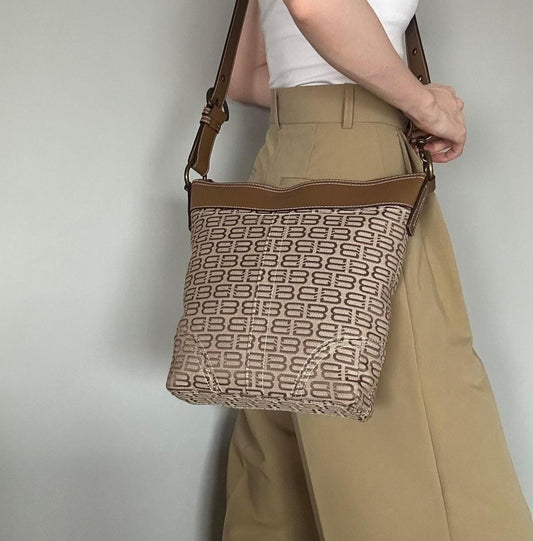 BALENCIAGA Bag BB Logo Shoulder Purse Canvas Leather Beige Gold Authentic
