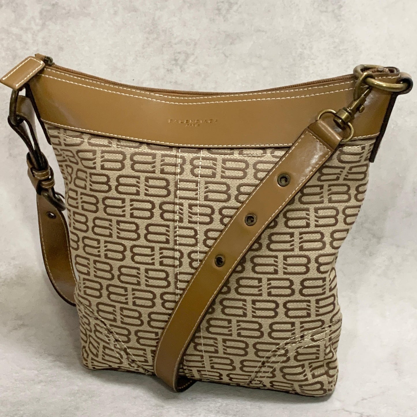 BALENCIAGA Bag BB Logo Shoulder Purse Canvas Leather Beige Gold Authentic