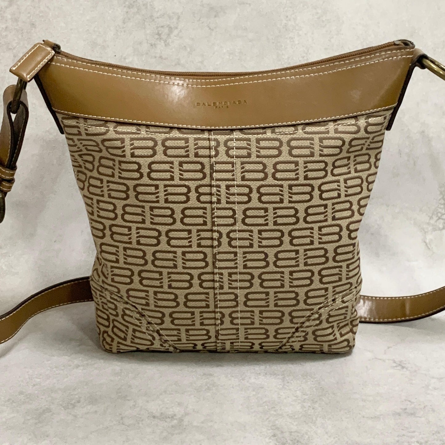 BALENCIAGA Bag BB Logo Shoulder Purse Canvas Leather Beige Gold Authentic