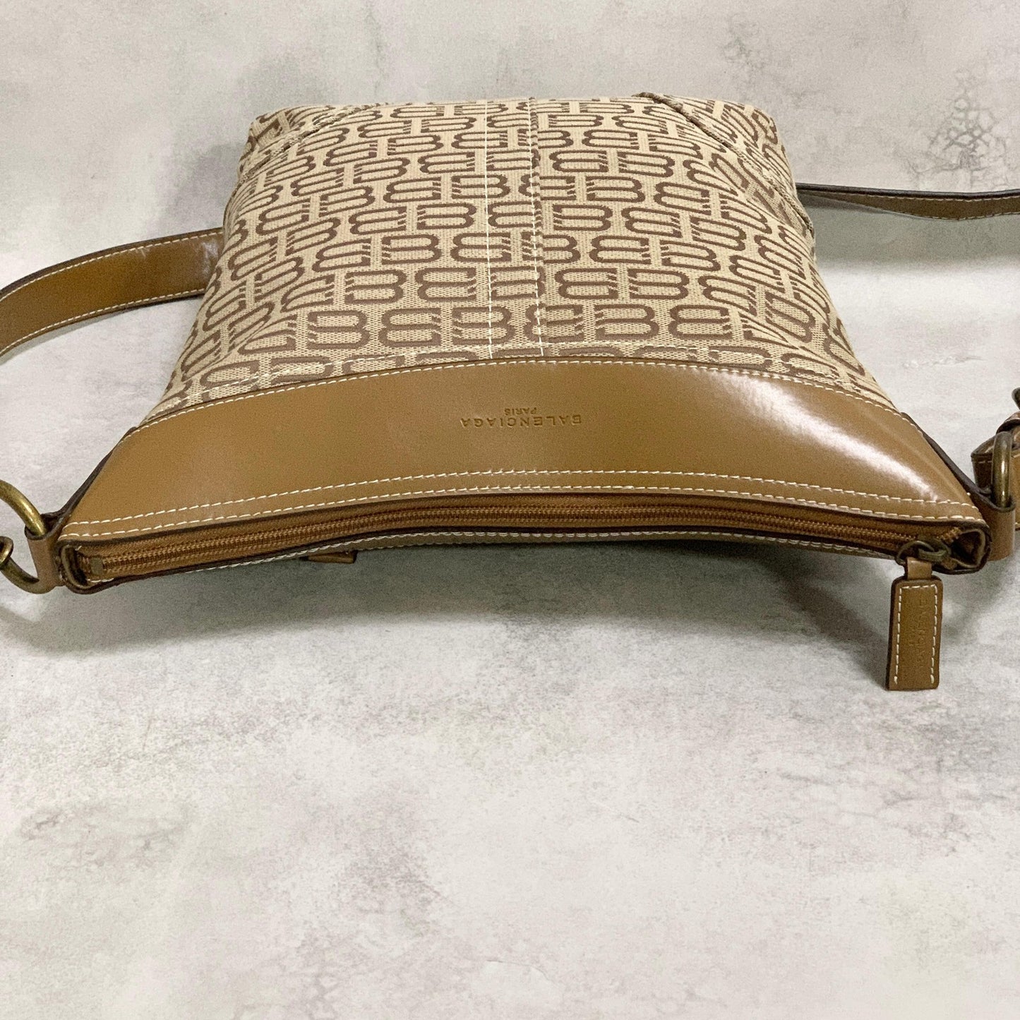 BALENCIAGA Bag BB Logo Shoulder Purse Canvas Leather Beige Gold Authentic