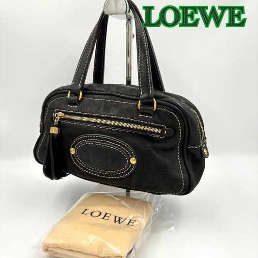 LOEWE Hand Bag Shoulder Tote Purse Anagram Tassel  Leather Black Authentic