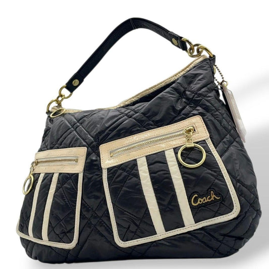 COACH Hand Bag Tote Purse 15872 Nylon Leather Black White Authentic