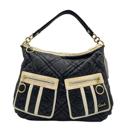 COACH Hand Bag Tote Purse 15872 Nylon Leather Black White Authentic