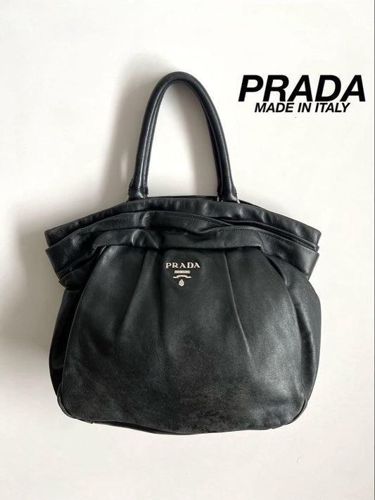 PRADA Hand Bag Tote Purse GATHER DESIGN Leather Black Authentic