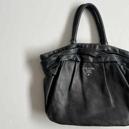 PRADA Hand Bag Tote Purse GATHER DESIGN Leather Black Authentic