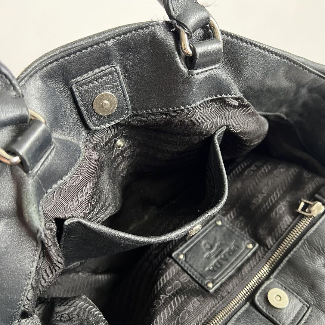 PRADA Hand Bag Tote Purse GATHER DESIGN Leather Black Authentic
