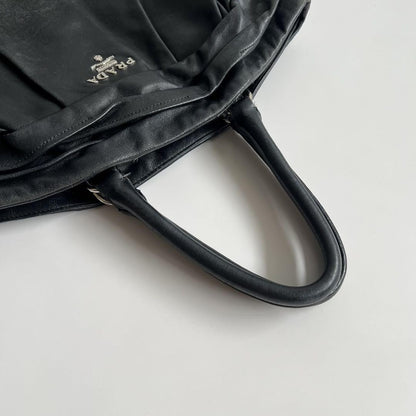 PRADA Hand Bag Tote Purse GATHER DESIGN Leather Black Authentic