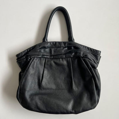 PRADA Hand Bag Tote Purse GATHER DESIGN Leather Black Authentic