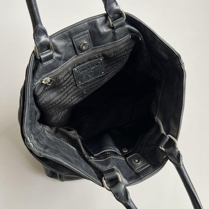 PRADA Hand Bag Tote Purse GATHER DESIGN Leather Black Authentic