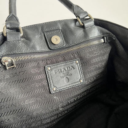 PRADA Hand Bag Tote Purse GATHER DESIGN Leather Black Authentic