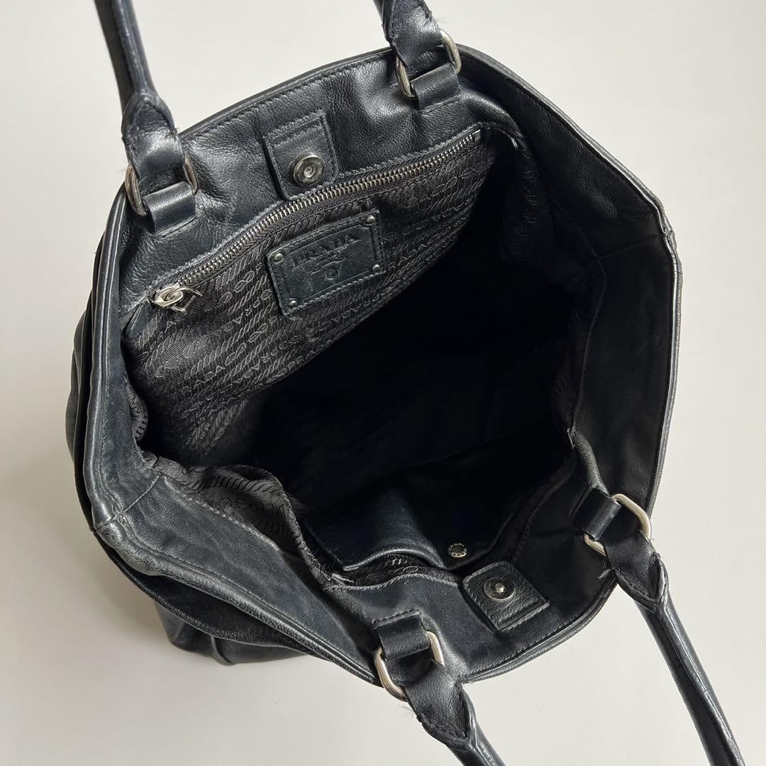PRADA Hand Bag Tote Purse GATHER DESIGN Leather Black Authentic