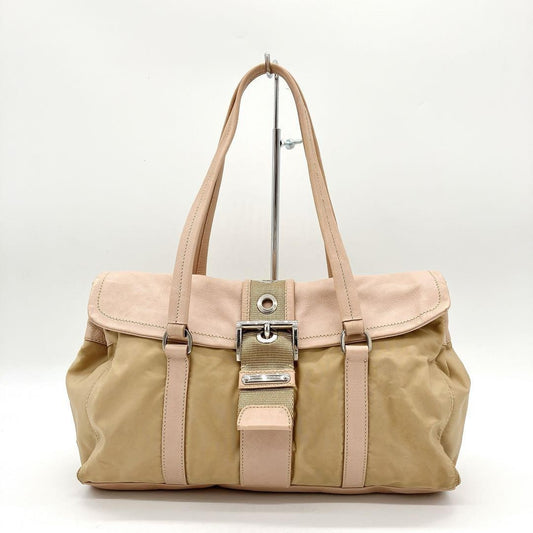 PRADA Shoulder Bag Purse Logo Nylon Leather Pink Brown Authentic