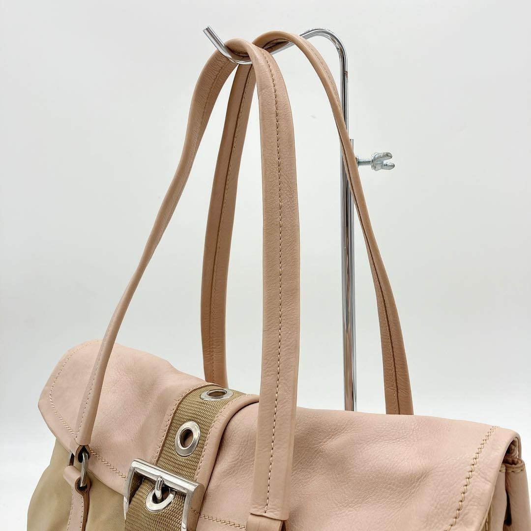 PRADA Shoulder Bag Purse Logo Nylon Leather Pink Brown Authentic