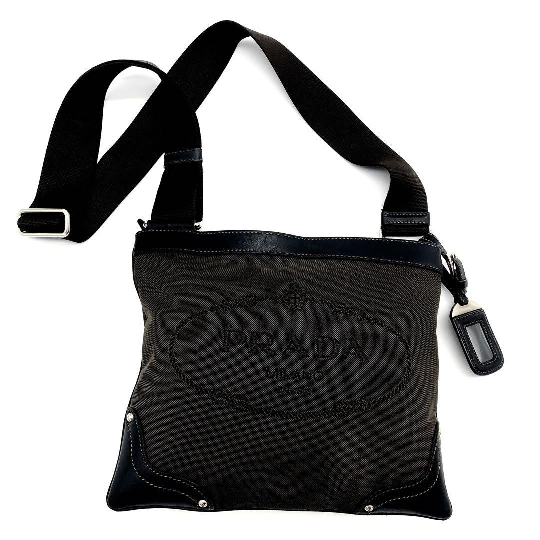 PRADA Shoulder Bag Purse Canvas Leather Brown Black Authentic