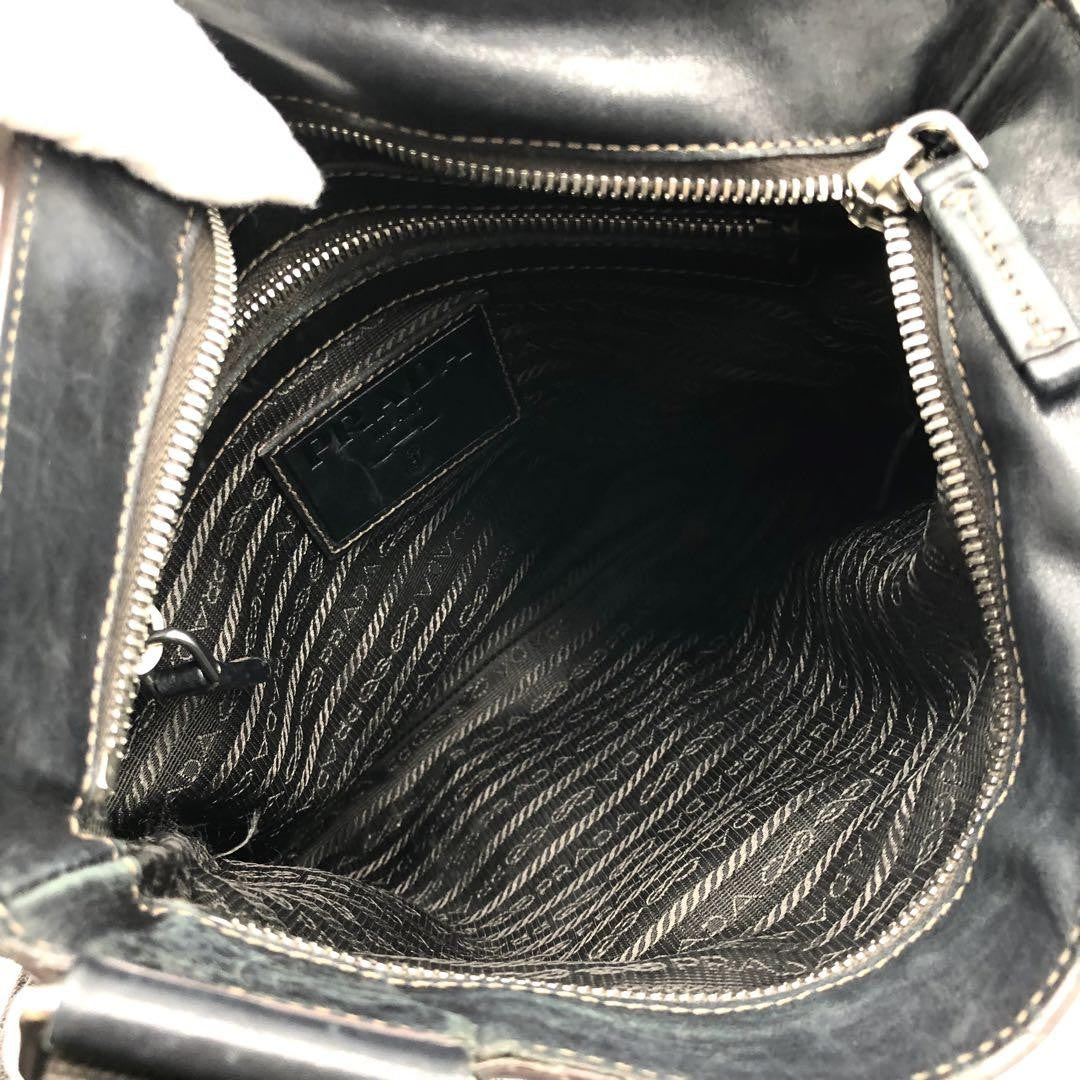 PRADA Shoulder Bag Purse Canvas Leather Brown Black Authentic