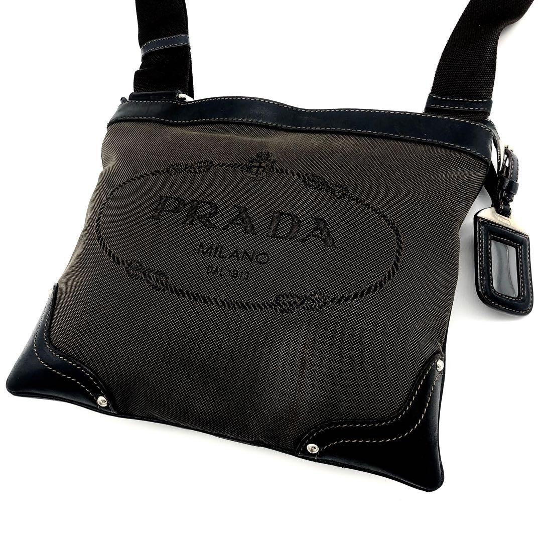 PRADA Shoulder Bag Purse Canvas Leather Brown Black Authentic