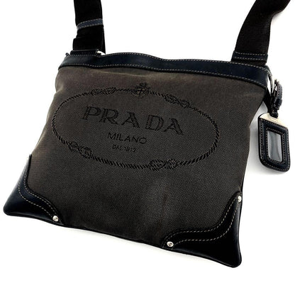 PRADA Shoulder Bag Purse Canvas Leather Brown Black Authentic