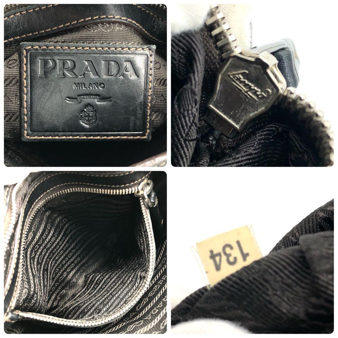 PRADA Shoulder Bag Purse Canvas Leather Brown Black Authentic