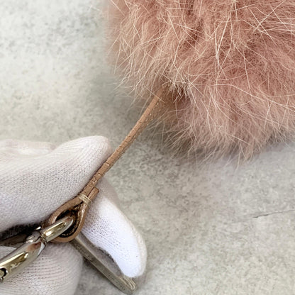 FENDI Bag Charm Logo Key Holder Strap Leather Fur Pink Silver Used Authentic