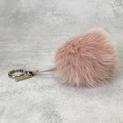 FENDI Bag Charm Logo Key Holder Strap Leather Fur Pink Silver Used Authentic